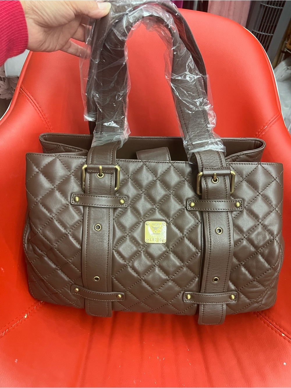MCM Quilted Brown Tote Bag with Buckle Strap Detail